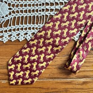 Vintage Brooks Brothers Makers Silk Tie Burgundy Gold Horse Equestrian USA Made